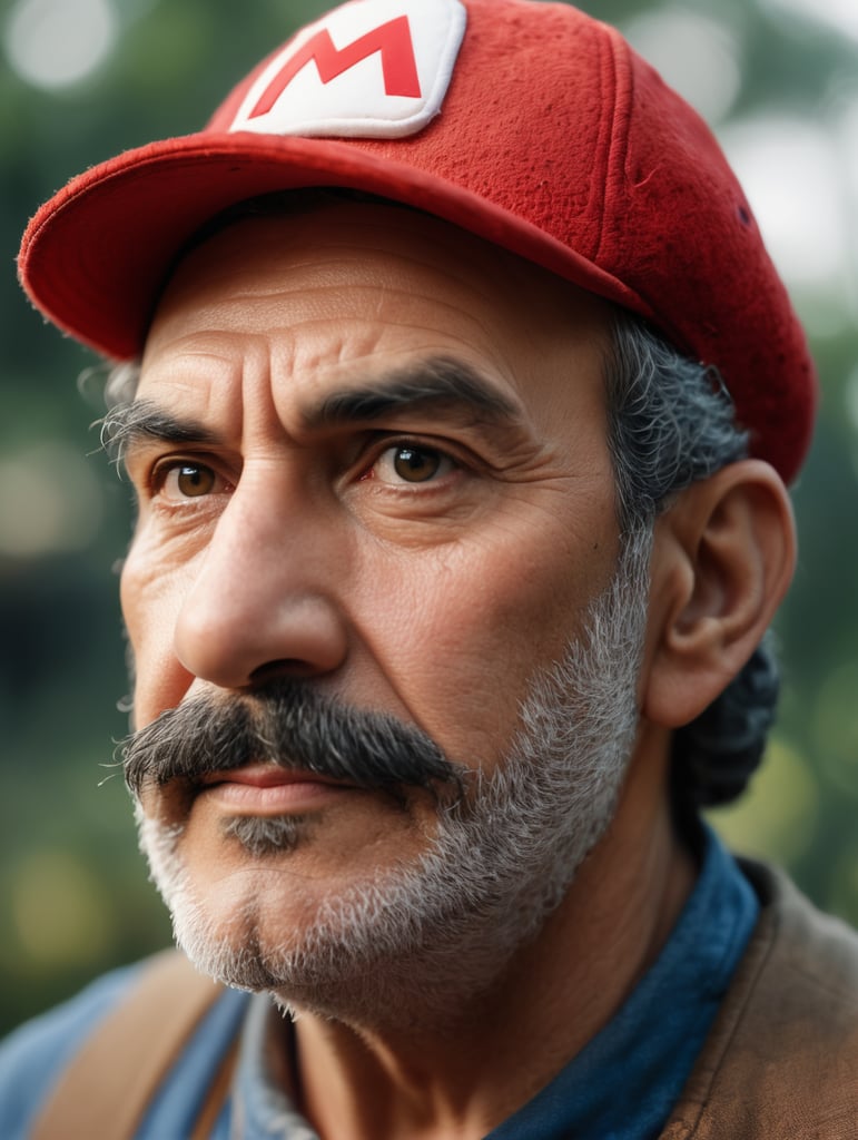 RAW photo, portrait of an old Super Mario, highly detailed textures, tired, run down, deep skin pores, red Super Mario hat, perfect lighting, photorealism, photo realistic, hard focus, smooth, depth of field, 8K UHD, photo taken by a Sony Alpha 1 , 85mm lens, f 1. 4 aperture, 1 500 shutter speed, ISO 100 film, neutral colors, muted colors