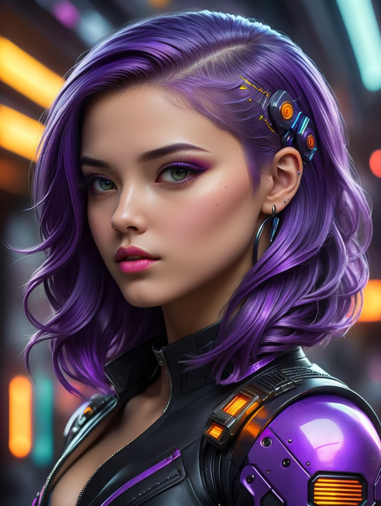 a girl with neon purple hair, side view, retro futurism, bold line, 90s anime,