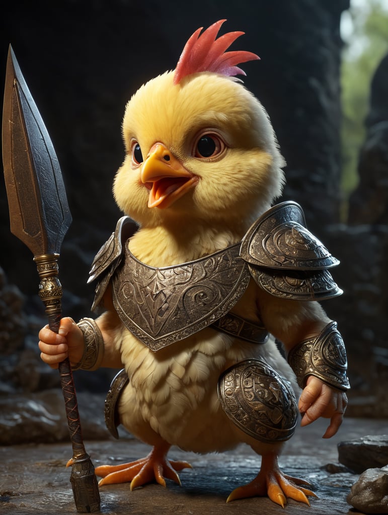 Cartoon baby chicken with spear warrior