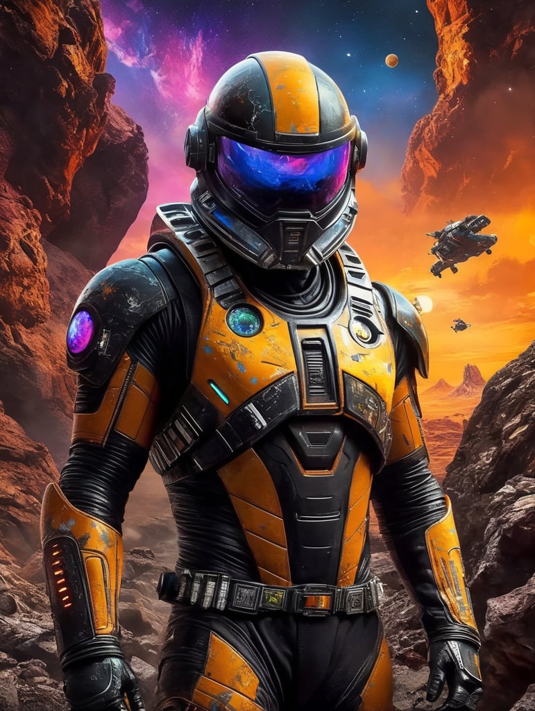 Space traveler in a black rock in middle of the universe. futuristic slim Astronaut suit with neon futuristic unique helmet , super hero style suit, warrior style suit, energy blast in the background, space war, more neon, energy explosion, fluor colours, yellow violet, vibrant, saturated, a lot graffiti on the suit. Scratch on the suit, Rocks like mars planet, volcano, movie poster style, war, noise, star wars, sMall war helmet, no accessories, no helmet, artist, paint, graffiti, art, revel