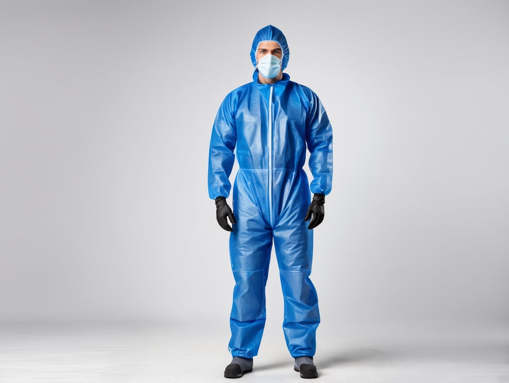 A realistic photo of a man wearing blue medical protective suit, disposable coveralls with breathable fabric, isolated, white background