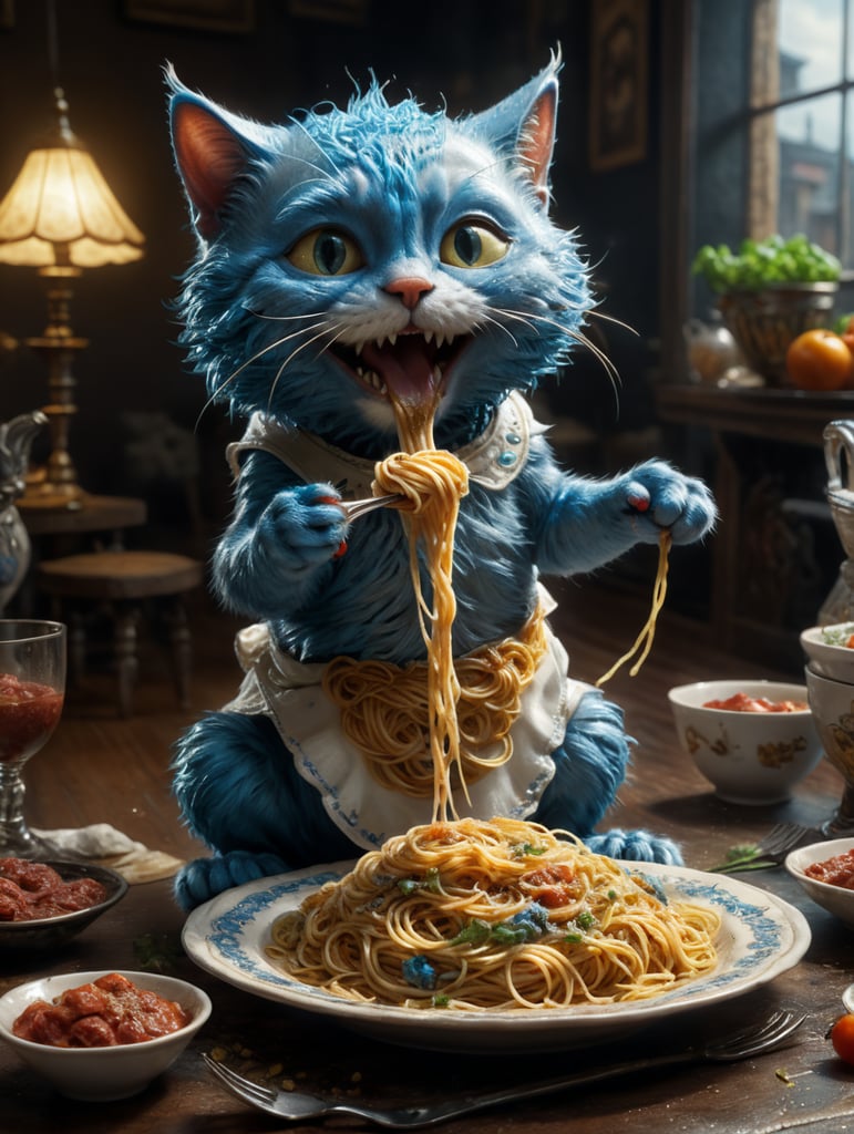 Cat smurf wearing a dress and eating spaghetti