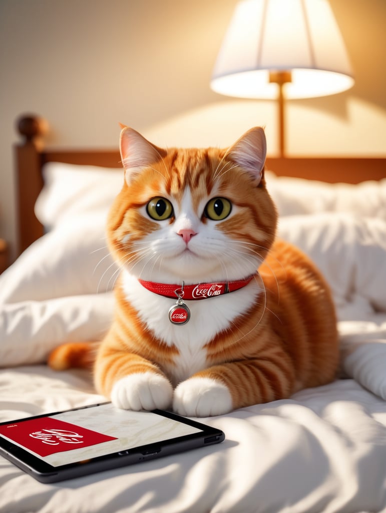 A picture of an adorable Garfield cat lying on a bed. In the photo, the room is bright. Garfield is covered with a soft quilt and the light is bright. He is holding a big iPad in his hand. There is a small exquisite bedside lamp. Snacks, cakes, fried chicken, and a large bottle of Coca-Cola are scattered on the bed. Realistic and romantic style, ultra-high definition, 32k Ultra HD