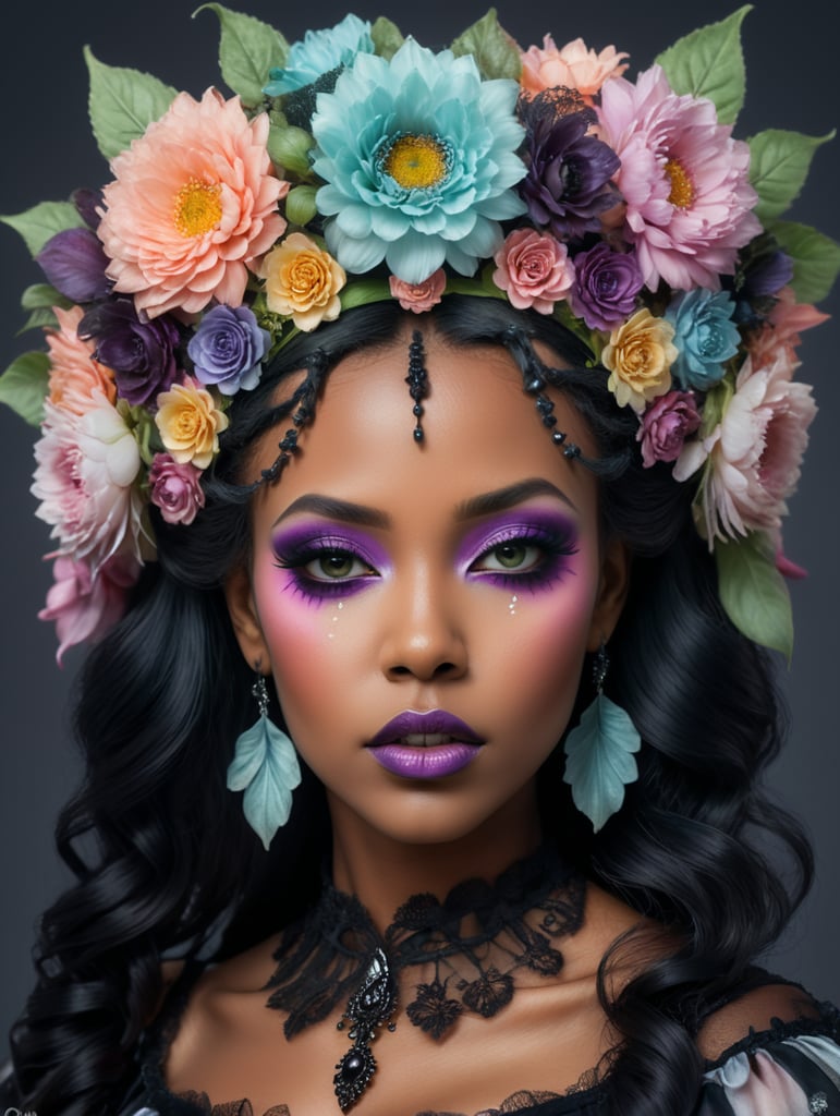 Hd photography, photograph, 3 4 pose, black woman, pastel gothic makeup, fairy goth, gothic style, pastel, beauty portrait, big flowers headband, big flower crown