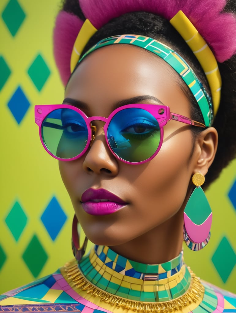 Close up from a black woman is in a colorful geometric outfit with sunglasses, in the style of cut and paste,inspired, eye-catching resin jewelry, hyper-realistic pop, light magenta and yellow, folkloric themes, light green and blue. Her location is in Aberobello in italy .she dressed in geometric patterns.Nikon 35mm, gran format, 50mm lenses, ISO 3000, photo realistic, F22, 32K --ar 9:16