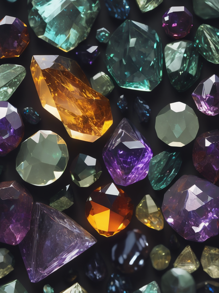 Crystal texture, pattern, background, top view, organic texture, seamless texture, scattered crystals, deep colors, contrast lighting, volumetric crystals, crystals stacked on top of each other, closely stacked crystals, knolling, flat lay, gems, crystals