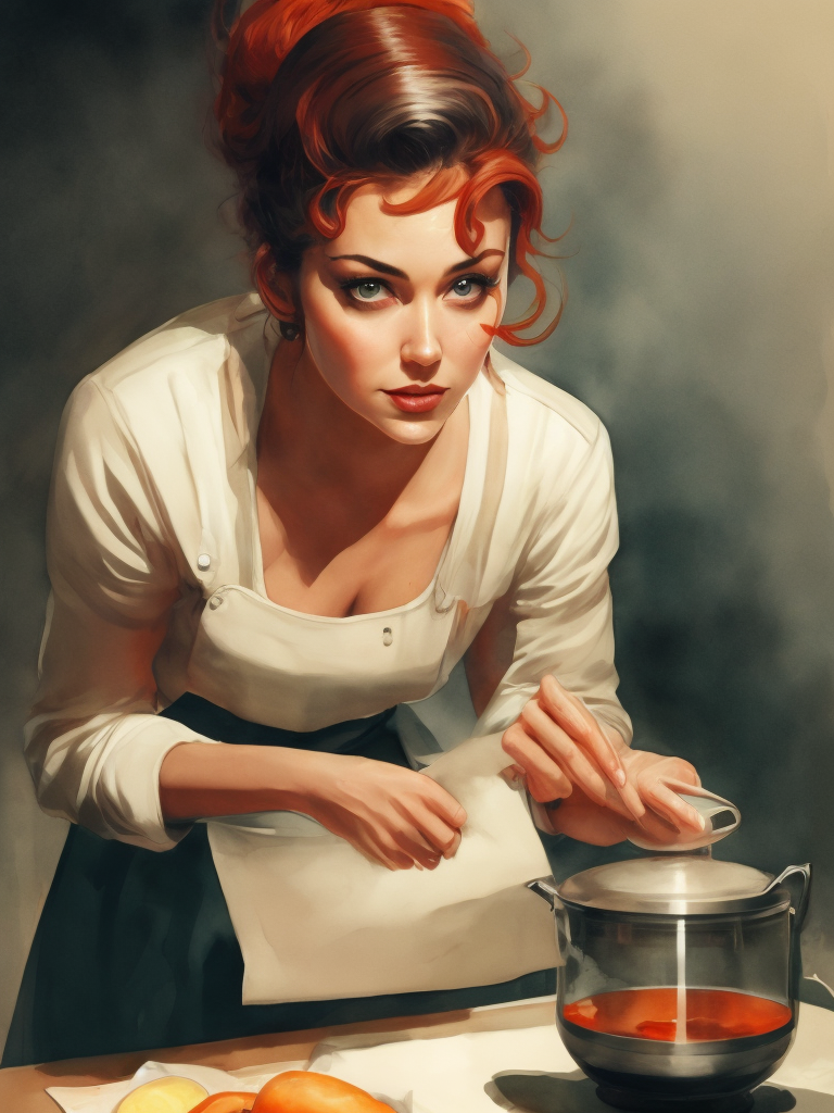 A young beautiful 1950s housewife cooking in kitchen anatomically correct. perfect fingers on hand, extremely detail in kitchen. perfect composition and lighting. sharp focus. high - contrast surrealistic photorealism.