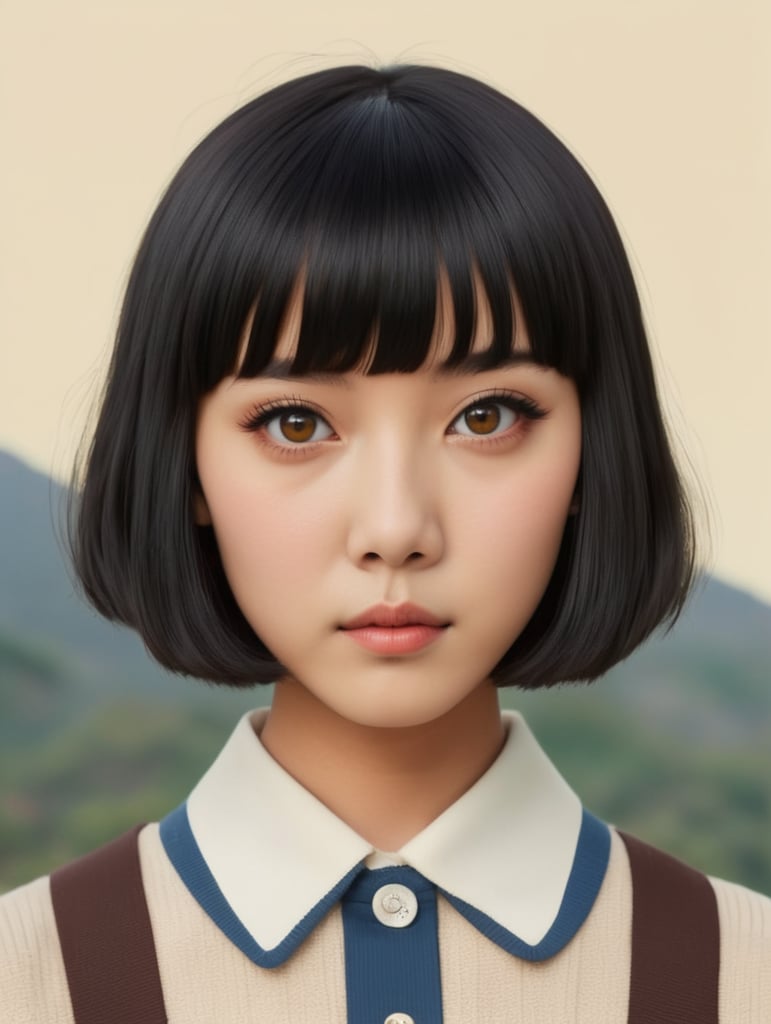 Japanese adolescent female, short black hair with bangs, dark brown eyes, Wes Anderson style