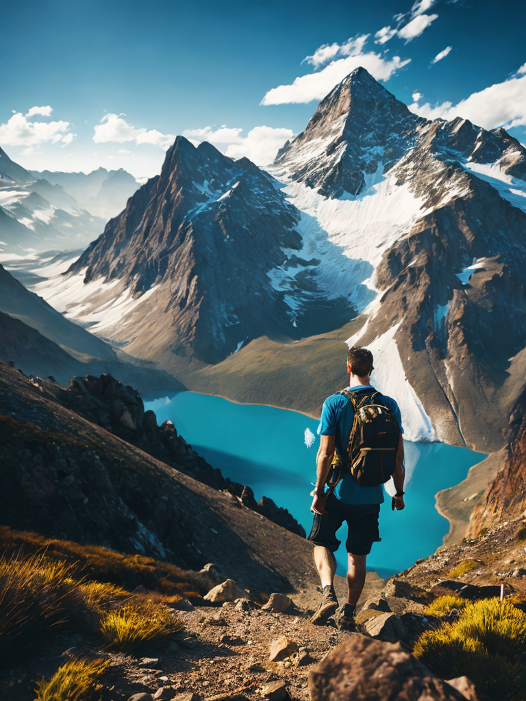 Man hiking in a mountain, brilliant blue sky, serene, peaceful, majestic, high detail, landscape, ultra hd, matte painting, highly detailed, concept art, contrast light, deep colors