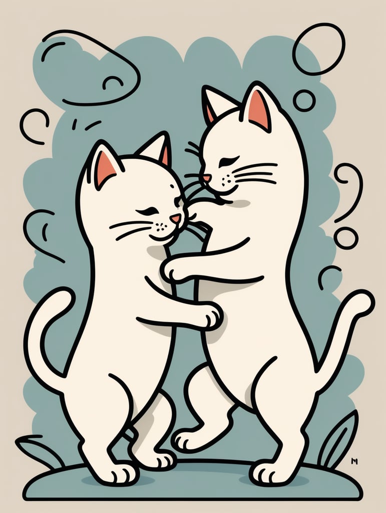 Simple figural illustration of a two kittens playing, solid color background, Keith Haring style graffiti, sharp illustrations, bold lines and solid colors, simple details, minimalism