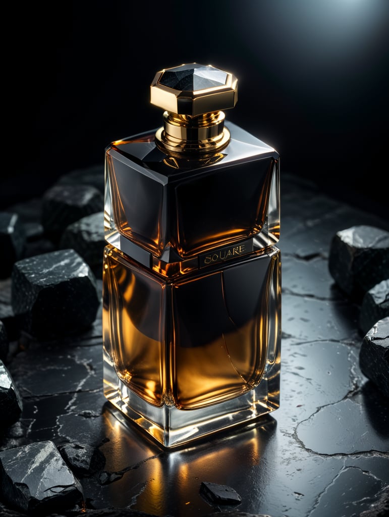 professional photography of a luxury perfume, square chrome bottle, faceted black stone in the form of a cap, in the space, no label, clear, mockup