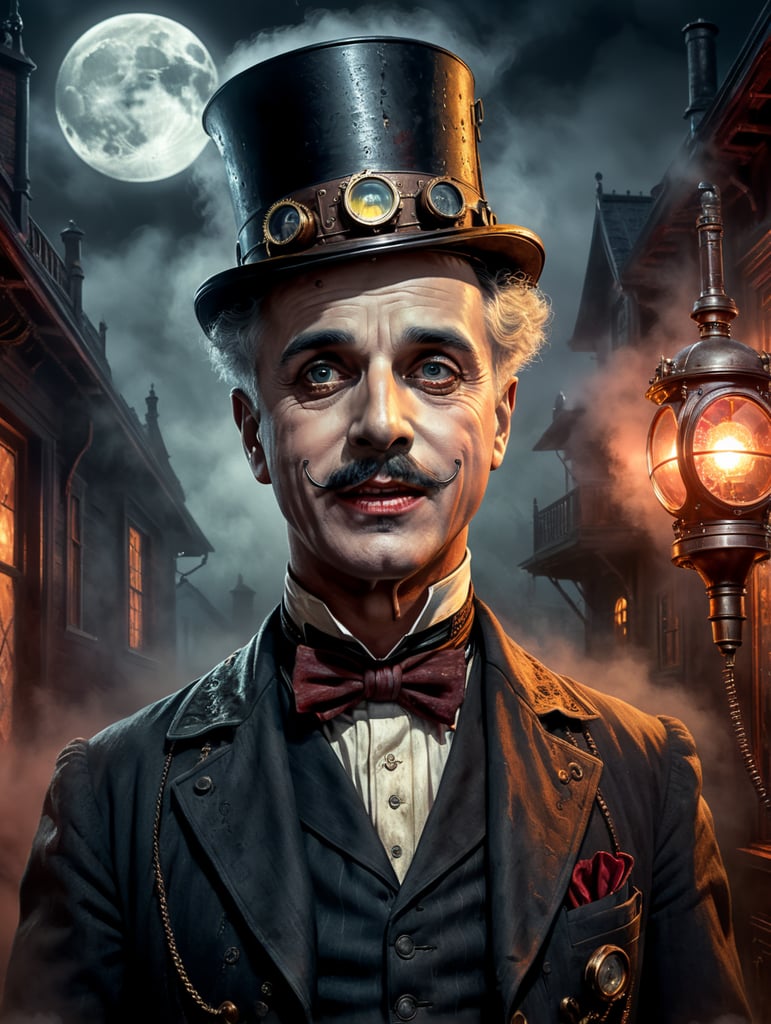 Portrait of Charlie Chaplin in a horror show with blood in a steampunk house with night moon lighting and fog