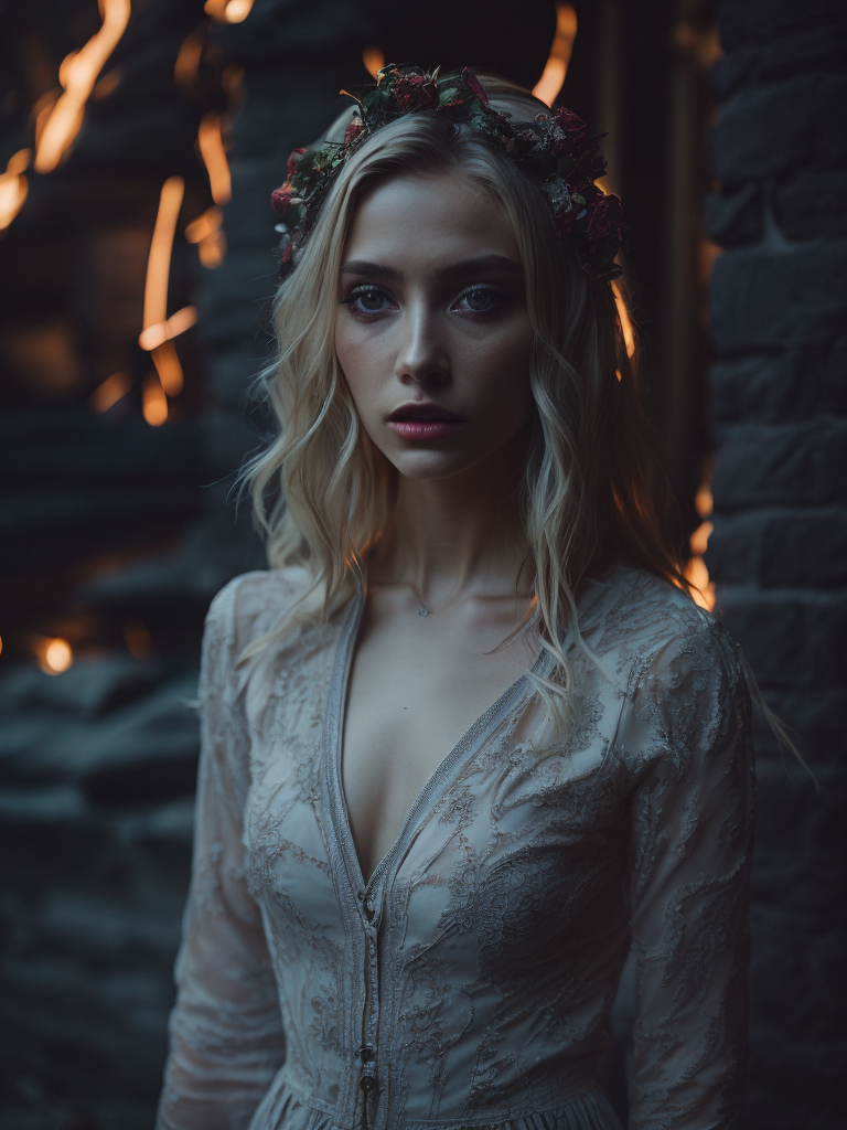 blonde girl with blue eyes walking against the backdrop of fire at night in a white transparent dress with red and white patterns of Balkan folklore and roses on her head in her hair, cinematic, photorealistic