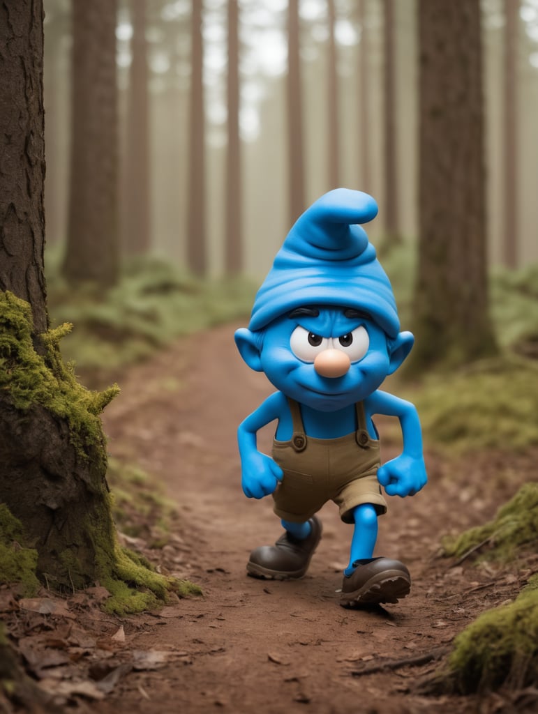 smurf grumpy face walking in beautiful forst