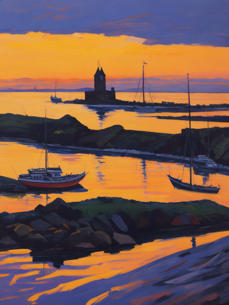 A painting by Andre Lhote. A painting of Dunbar Harbour at sunset captures the tranquil beauty and historic character of this Scottish harbor through an engaging fusion of Cubist and Fauvist styles. The peaceful waterfront, lined with fishing boats and surrounded by ancient castle ruins, is depicted using bold, fragmented shapes, while the surrounding rocky coastline and calm sea are rendered in warm hues of orange, pink, and purple. The scene conveys a sense of nostalgia and maritime heritage, reflecting the essence of Dunbar Harbour at sunset.