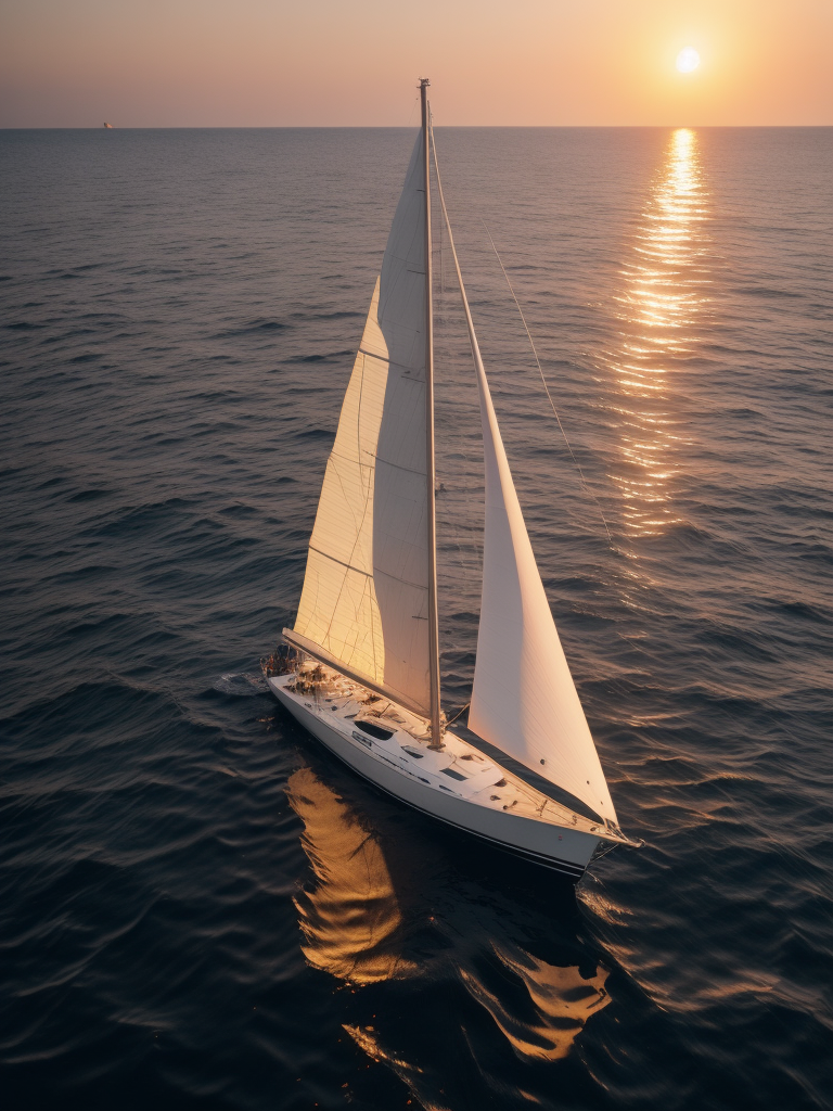 A white sailboat in the sea, sunset, photorealistic, high detail, landscape, contrast light, Bright and saturated colors