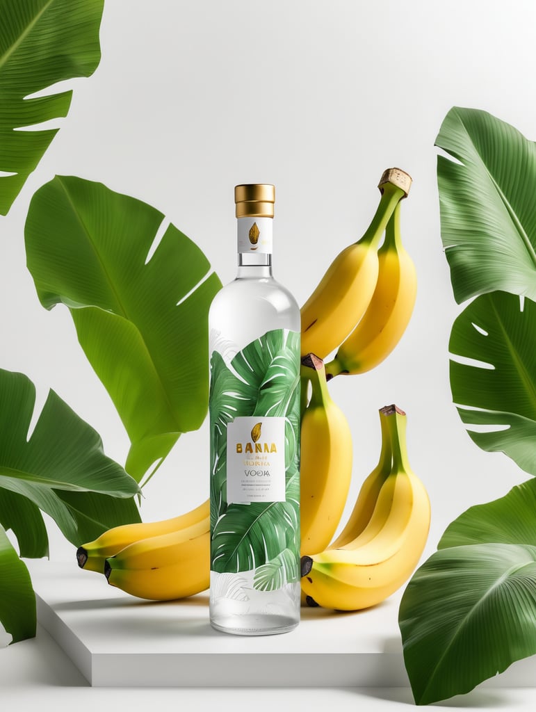 Packaging and branding for a banana vodka brand as if it had been designed by HI ESTUDIO with In a set design with banana, and banana leaves.