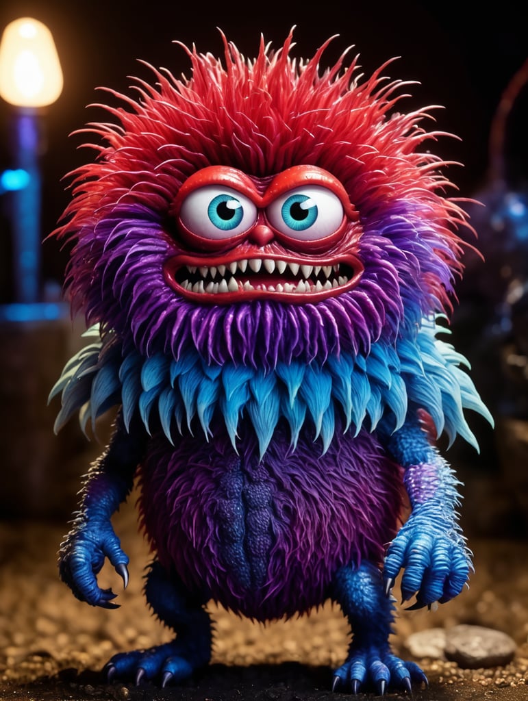 Cgi! red germ monster character, highly detailed, scary but charming, gremlin, tribbles, minions, stop motion! purple and blue lighting!