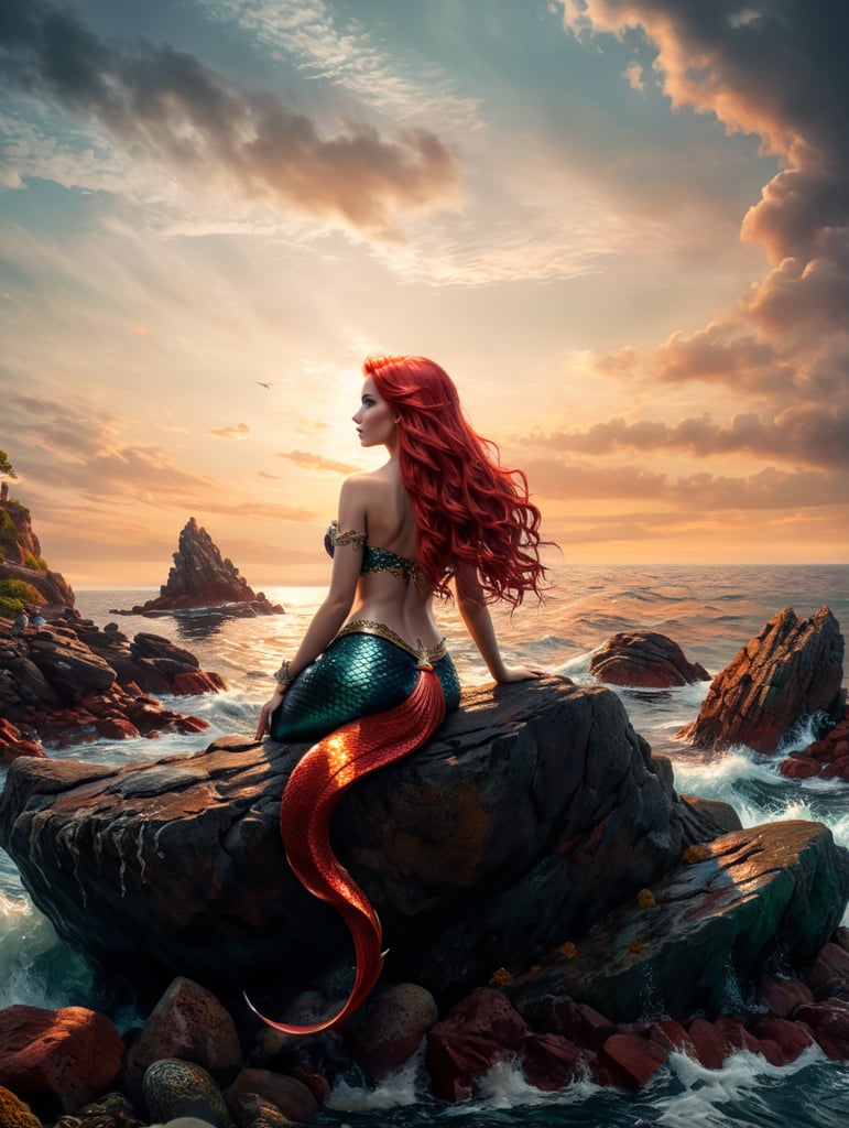 mermaid, long tail, red hair, on rock, sea and sky background