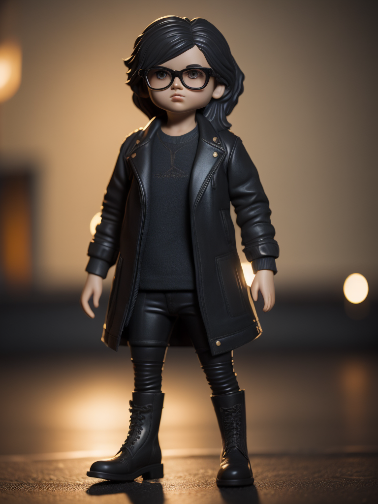 Full body Plastic figurine of a brutal chick, black glasses, leather jacket, black boots, 3d octane render, funko pop,
