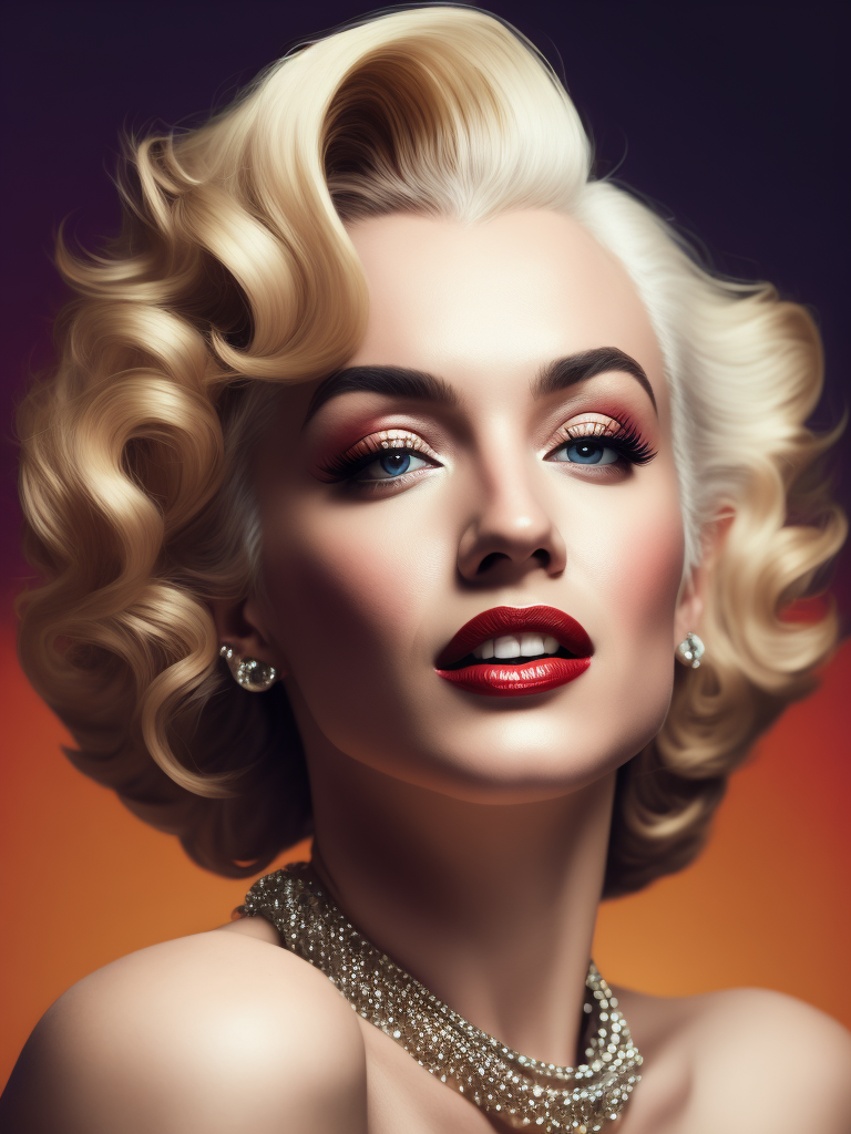 Portrait of Marilyn Monroe, ultra realistic, blonde hair, white dress, bright makeup, gradient background,