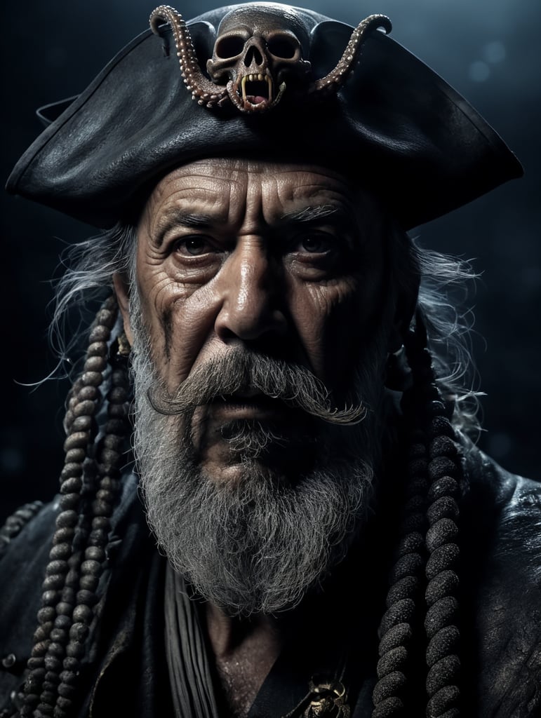 old pirate with octopus beard, dark scene, dark atmosphere, epic shot, sharp on details