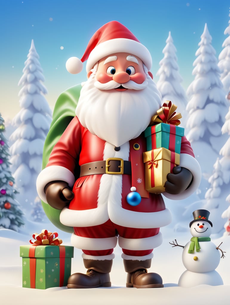 Santa Claus in full height holds a bag of gifts white snowman