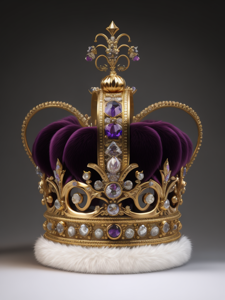 St. Edward’s Gold Crown adorned with gems, Purple velvet, White fox fur, Gray gradient background, Incredibly high detail, deep & bright colors, contrast light