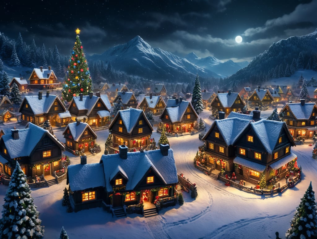 Snowy christmas night village with a focus on santa clause , christmas tree