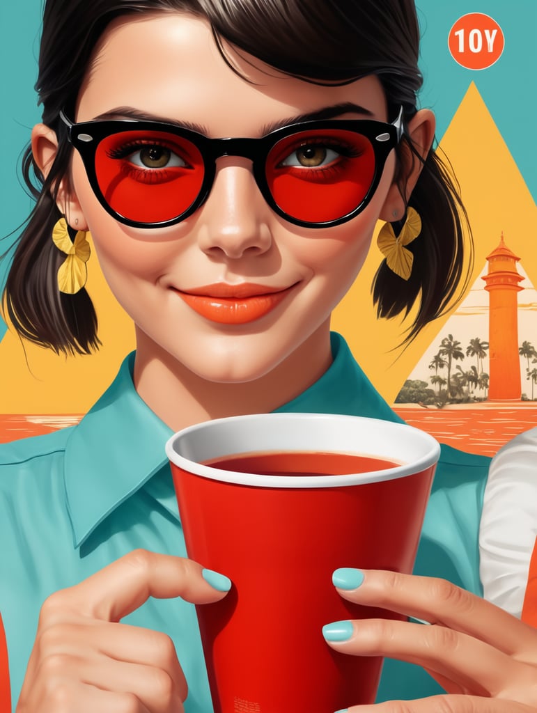 beautiful Kendall Jenner smiling and waving hello eye-catching poster-style drawing and illustration representing the iconic pulp style.