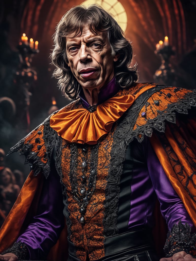 Mick Jagger as an evil character wearing spooky Halloween costume, Vivid saturated colors, Contrast color