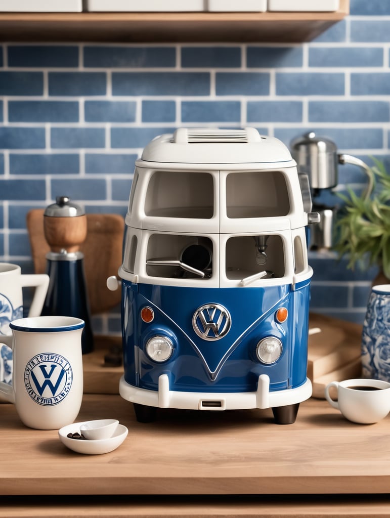 a vintage coffee maker shaped like a blue and white volkswagen kombi, grain grinder on top, coffe mug, kitchen, realistic