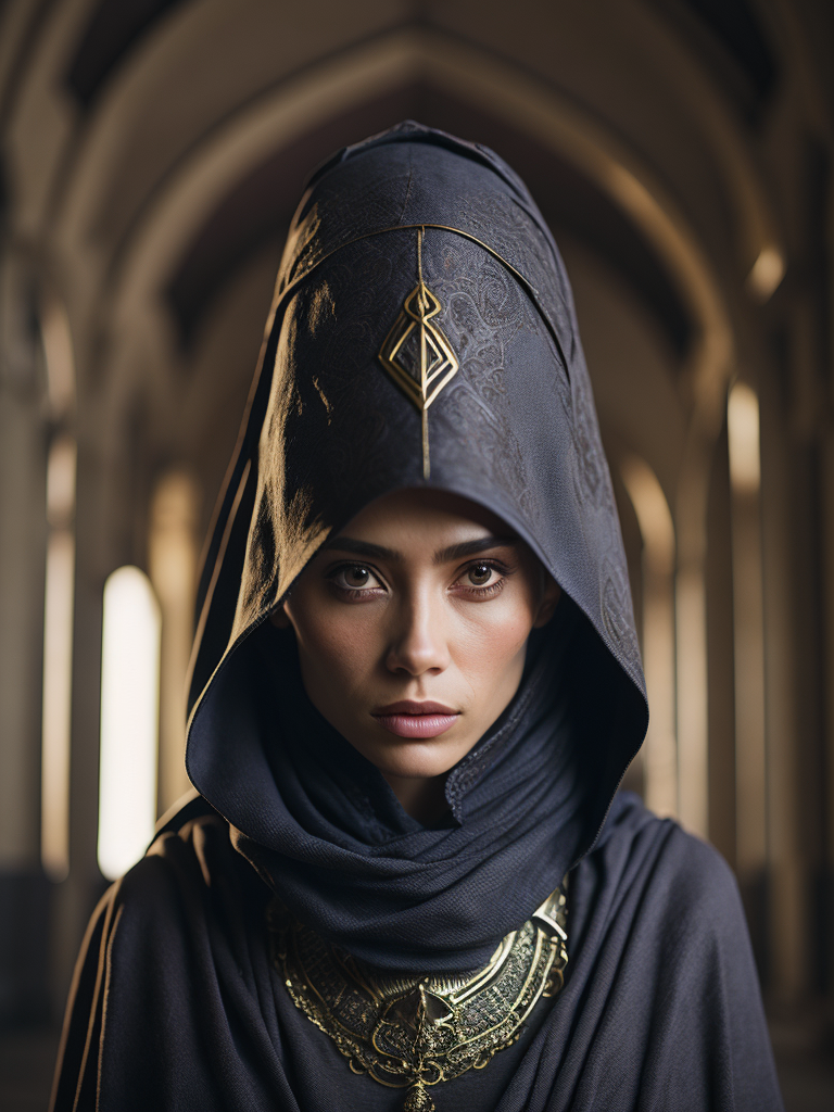 hyper-realistic, ultra-detailed photograph of indonesia white woman with arabic niqab black cloak of crow's feathers. Dark Renaissance ottoman mosque background, photo realistic, golden jewelry, dark, sunlight fractal details, depth of field, HOF, hall of fame, detailed gorgeous face, apocalyptic environment, natural body posture, professional photographer, captured with professional DSLR camera, trending on Artstation, 64k, ultra-detailed, ultra-accurate detailed, bokeh lighting, surrealism