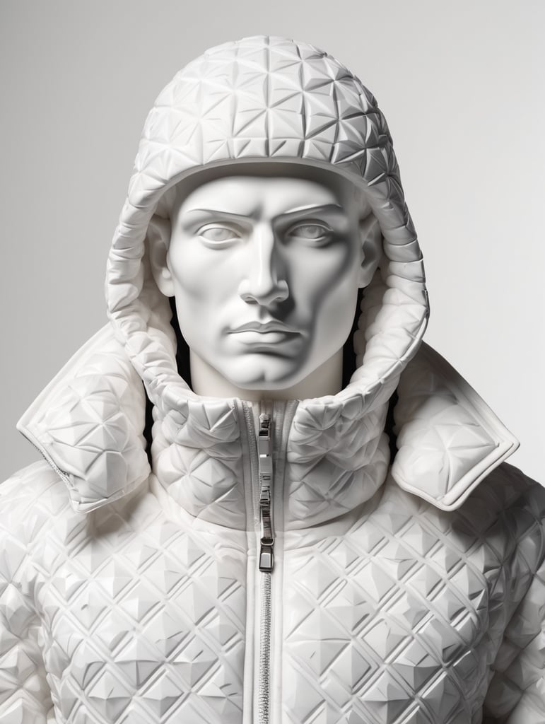 An ancient marble statue wears a modern puffer jacket of geometric pattern. Isolated black background.