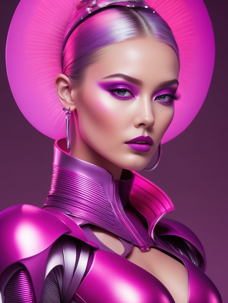 woman wearing alien fashion wear, neon pink, purple and magenta, touch of silver