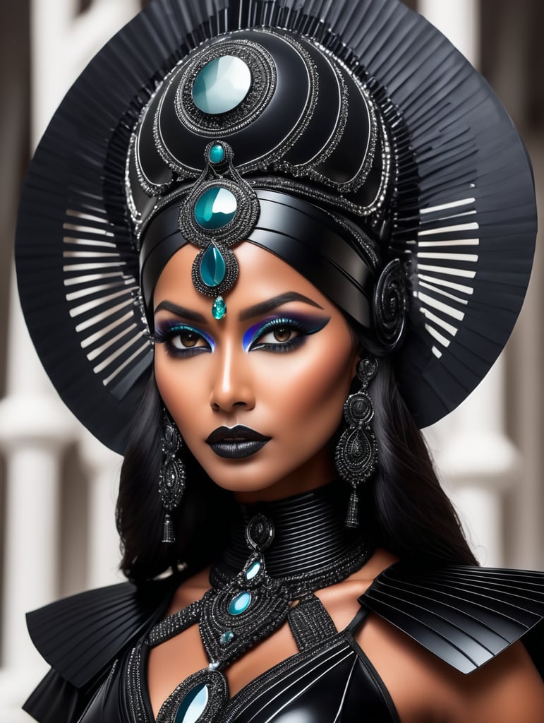 A tan skin indian goddess all black sleek futuristic outfit, with huge headpiece center piece, clean makeup, with depth of field, fantastical edgy and regal themed outfit, captured in vivid colors, embodying the essence of fantasy, minimalist