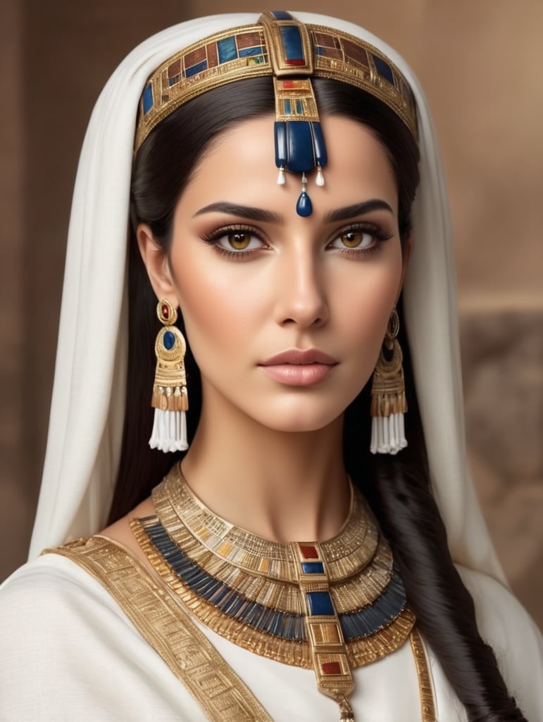 beautiful ancient egypt queen, dark hair, head accessories, brown eyes, white cloth, smooth hair