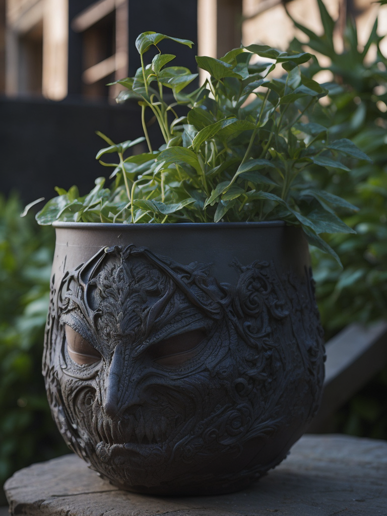 super hero flower pot, deep carved black clay, dark atbosphere