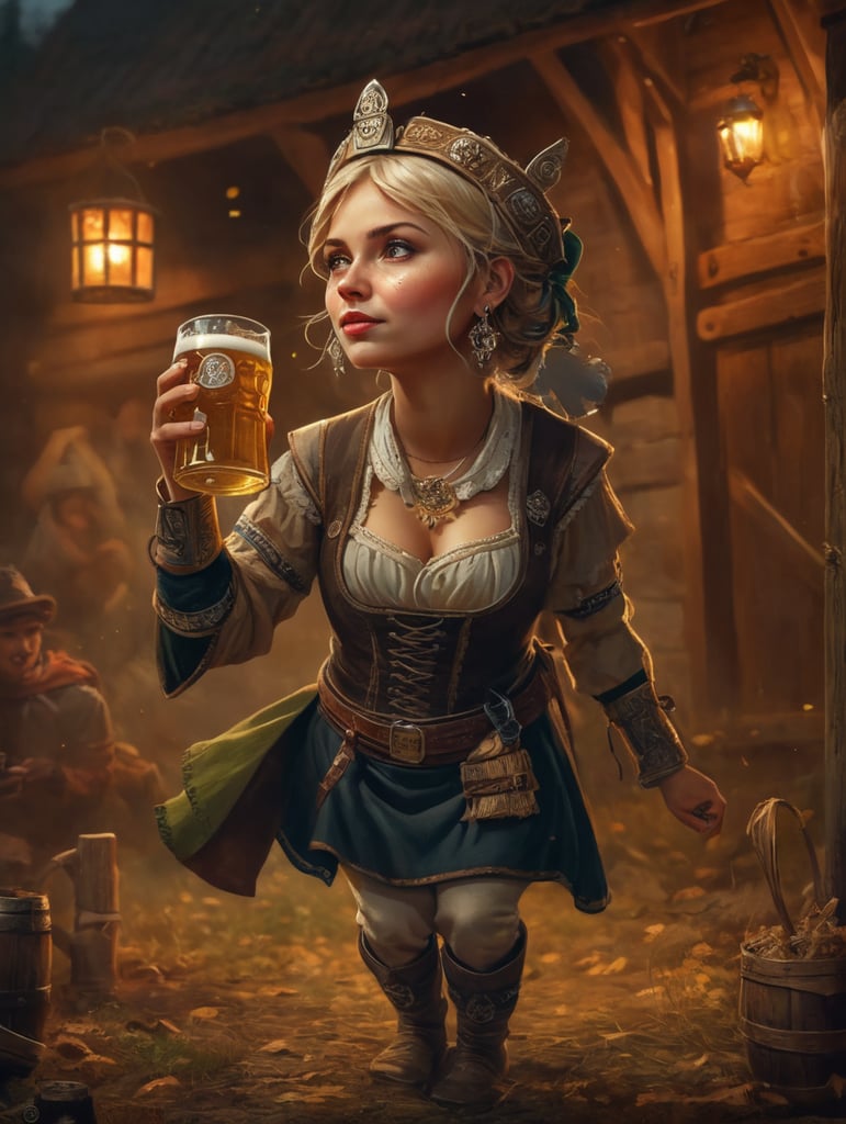 anglo saxon woman on Cute Poster Art for Oktober Fest in the German countryside, girl dressed in traditional tracht and drinking beer, new exciting angle illustrated by Skottie Young