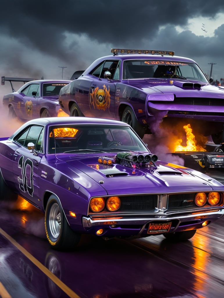 Souped up purple halloween dodge charger, drag racing death on a horse