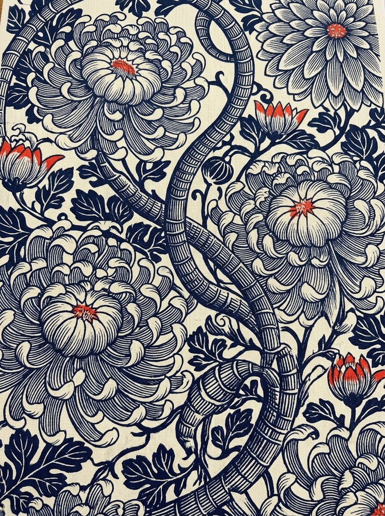A dense, swirling botanical pattern rendered in deep indigo blue ink on a cream background with bright vermilion red floral accents. Stylized chrysanthemum blossoms and twisting, segmented serpentine stems dominate the tightly cropped composition. Fine engraving-style hatching and cross-hatching build immense volume across the overlapping scalloped petals and ribbed foliage, creating dynamic, high-contrast flowing curves.