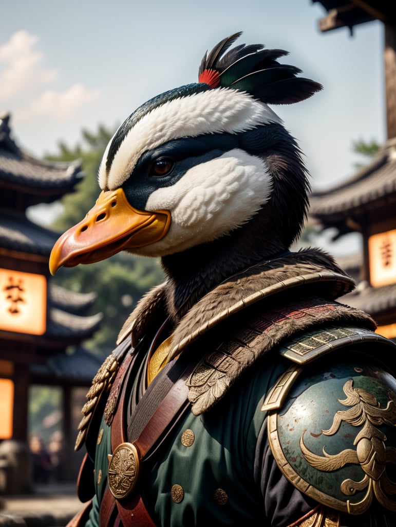 Duck samurai, battlefield, hyper realistic