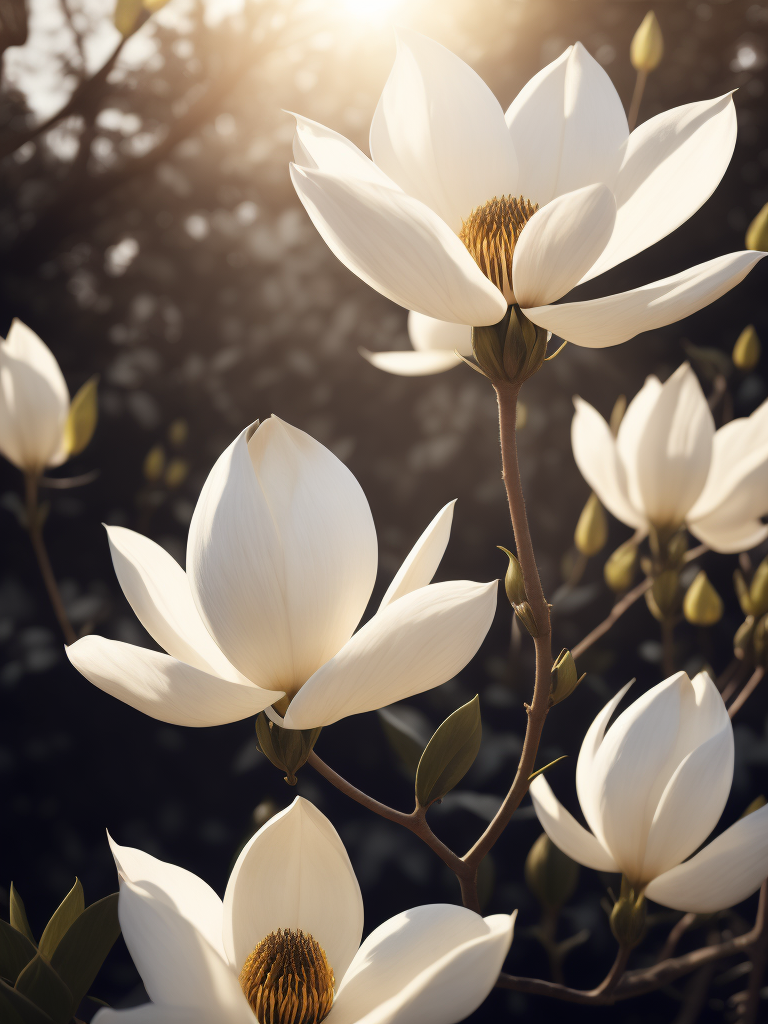 цветы магнолия белая, светит солнце в саду