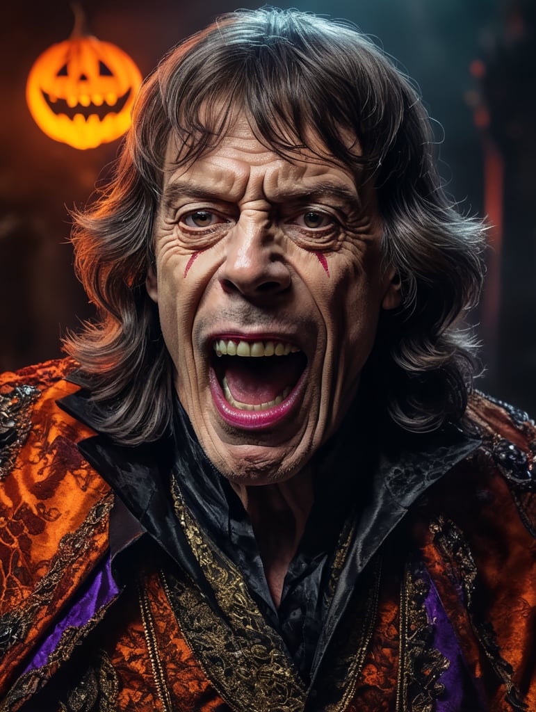 Mick Jagger as a creepy evil character wearing spooky Halloween costume, Vivid saturated colors, Contrast color