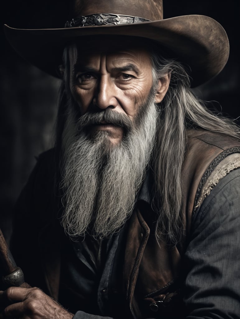 old cowboy with long beard, dark scene, dark atmosphere, epic shot, sharp on details