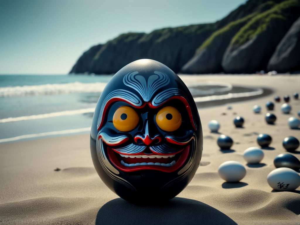 Japanese happy small daruma figure as an egg. Situated on a beach close to the sea. Left has no pupil