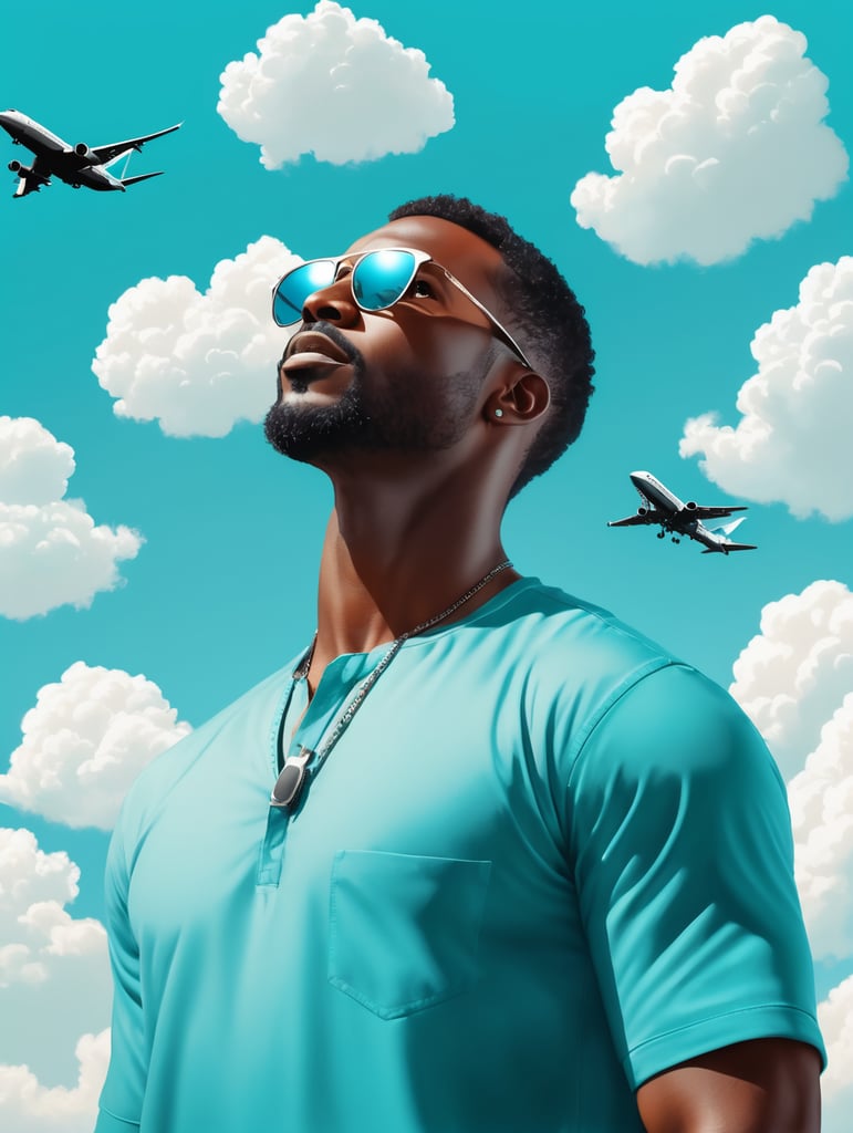 a black man raised his head up, looks at the sky, sunglasses, an airplane flies in a clear sky and leaves a mark, summer, turquoise shades, vector art