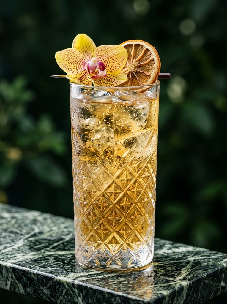 tall highball glass of golden amber cocktail over ice on dark green veined marble, bottom half of glass features diamond-cut crystal pattern, condensation on chilled glass, garnished with burgundy-speckled yellow orchid and dehydrated citrus wheel, dark forest green background, crisp directional lighting, translucent liquid, elegant beverage photography, macro focus