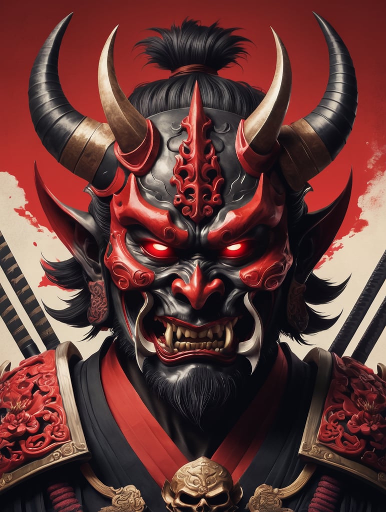 illustration of a demon with two swords and a skull, demon samurai mask, oni mask, villain wearing a red oni mask, samurai mask, samurai with demon mask, demon samurai, demon samurai warrior, oni horns, inspired by Ryūkōsai Jokei, japanese art style, inspired by Kawanabe Kyōsai, Mysterious