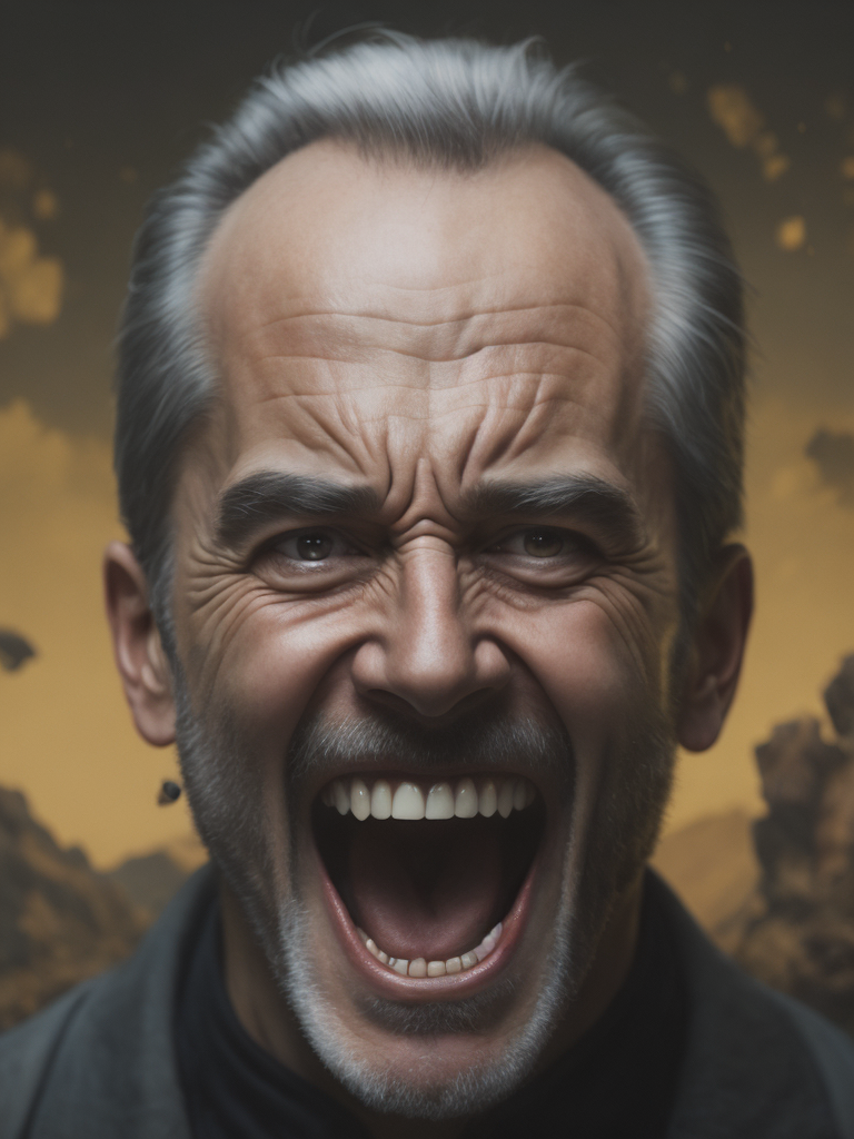 a painting depicting the head of a man with teeth, in the style of artist alex gross, dynamic colors, clear focus, surrealism, psychedelic overload, steve sack, highly detailed figures, nightmare, exuberant